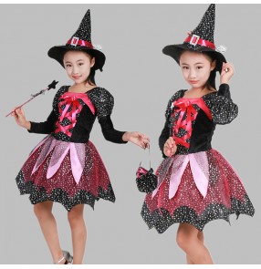 Black fuchsia hot pink patchwork long sleeves girls kids children Halloween Christmas party old witch cos play performance dresses costumes outfits